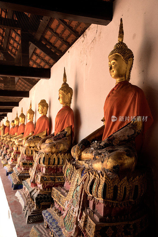 在Damnoen Saduak的佛寺里，金色佛像排成一行